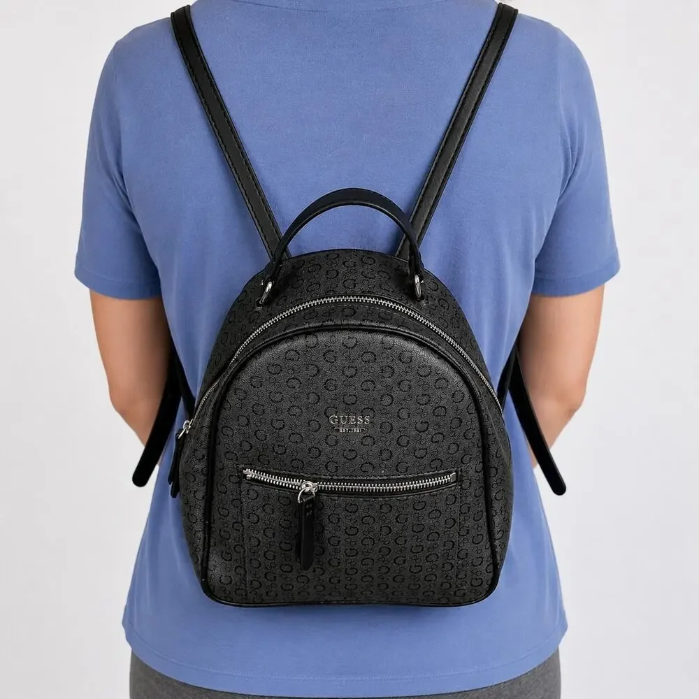 GUESS Los Angeles Mini Backpack Black Logo Print Zip Pocket Womens Bag